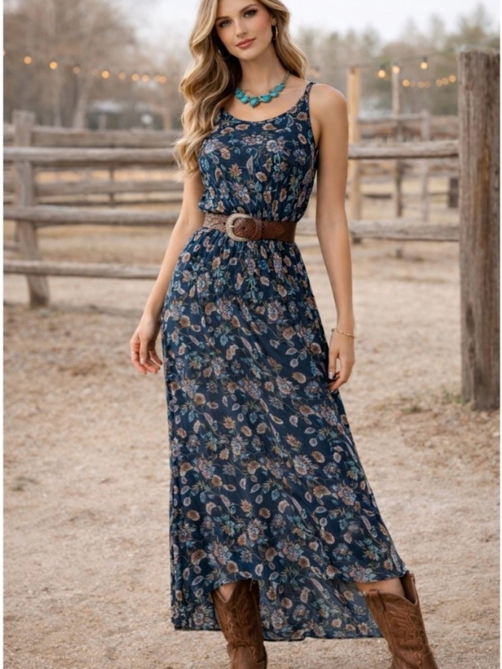 Sleeveless Navy Floral Maxi Dress with Spaghetti Straps